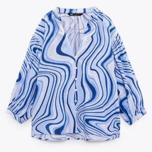 Zara Blue Swirl Linen Blend Blouse